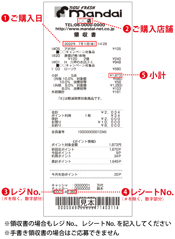 ※領収書の場合もレジNo.、レシートNo.を記入してください　※手書き領収書の場合はご応募できません