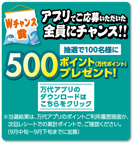 【Wチャンス賞】 アプリでご応募いただいた全員にチャンス!! 抽選100名様に500ポイント（万代ポイント）プレゼント! ※当選結果は、万代アプリのポイントご利用履歴画面か、次回レシートでの累計ポイントで、ご確認ください。（9月中旬～9月下旬までに加算） 万代アプリのダウンロードはこちらをクリック